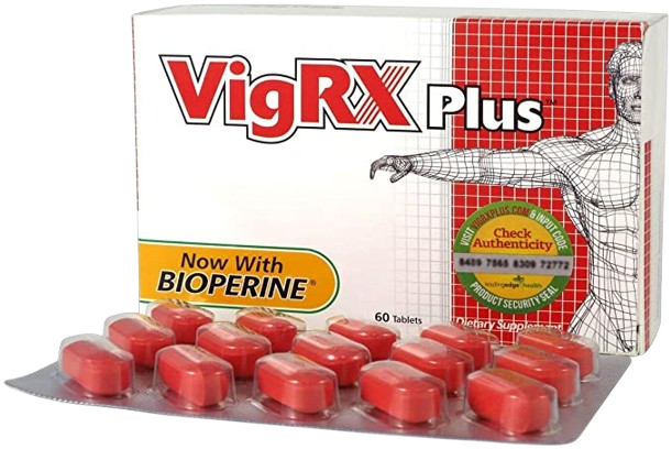 VigRX Plus 60-tablet box with BioPerine and authenticity seal